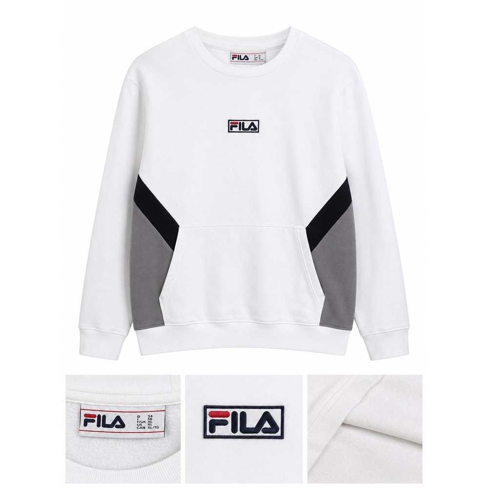 FILA Women's XL White Black Gray Colorblock Crewneck Sweatshirt Kangaroo Pocket